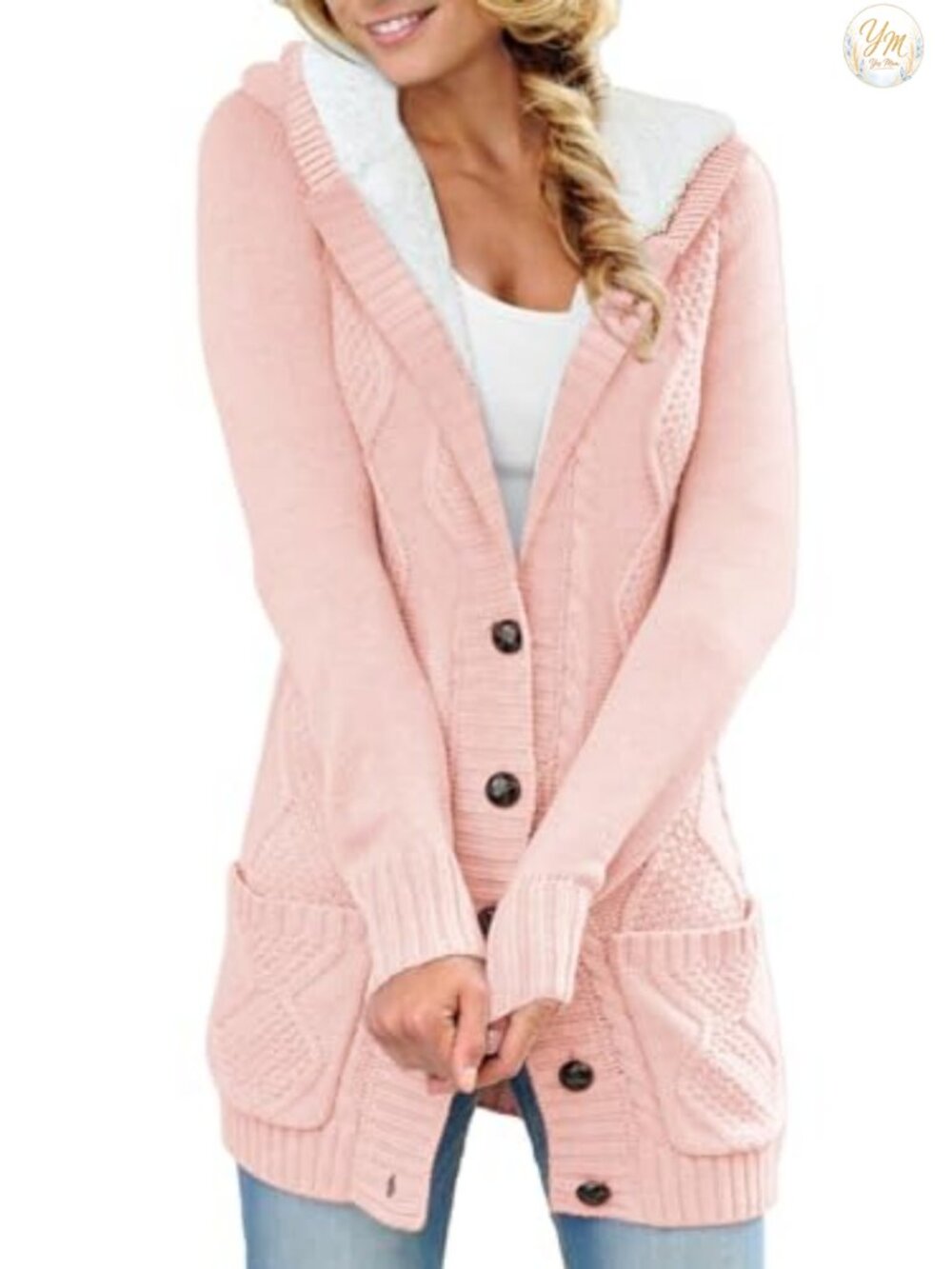Women's Fleece Lined Hooded Cardigan Sweater with Pockets